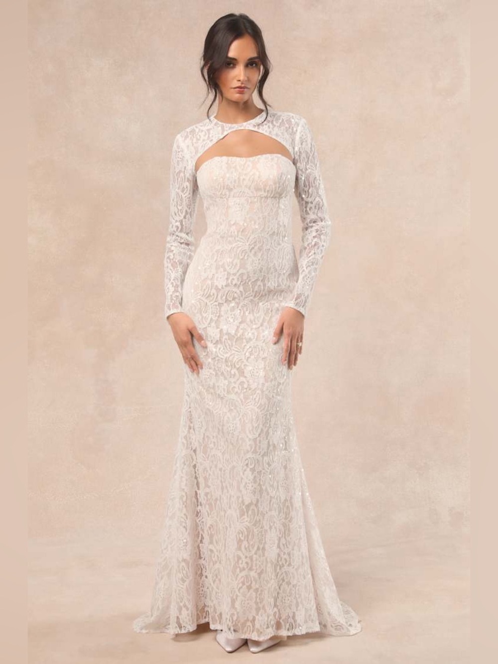 NWT Lulus Neska White and Beige Lace Maxi Dress and Shrug Set